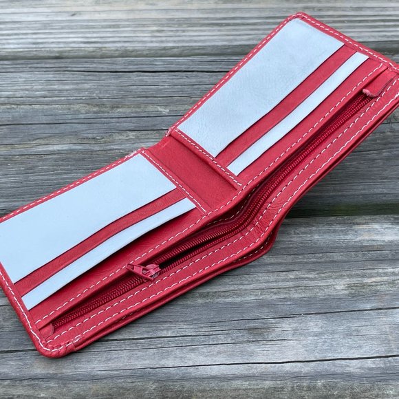 Wallet Men Bifold Red/White Card Holder Leather - Picture 1 of 9